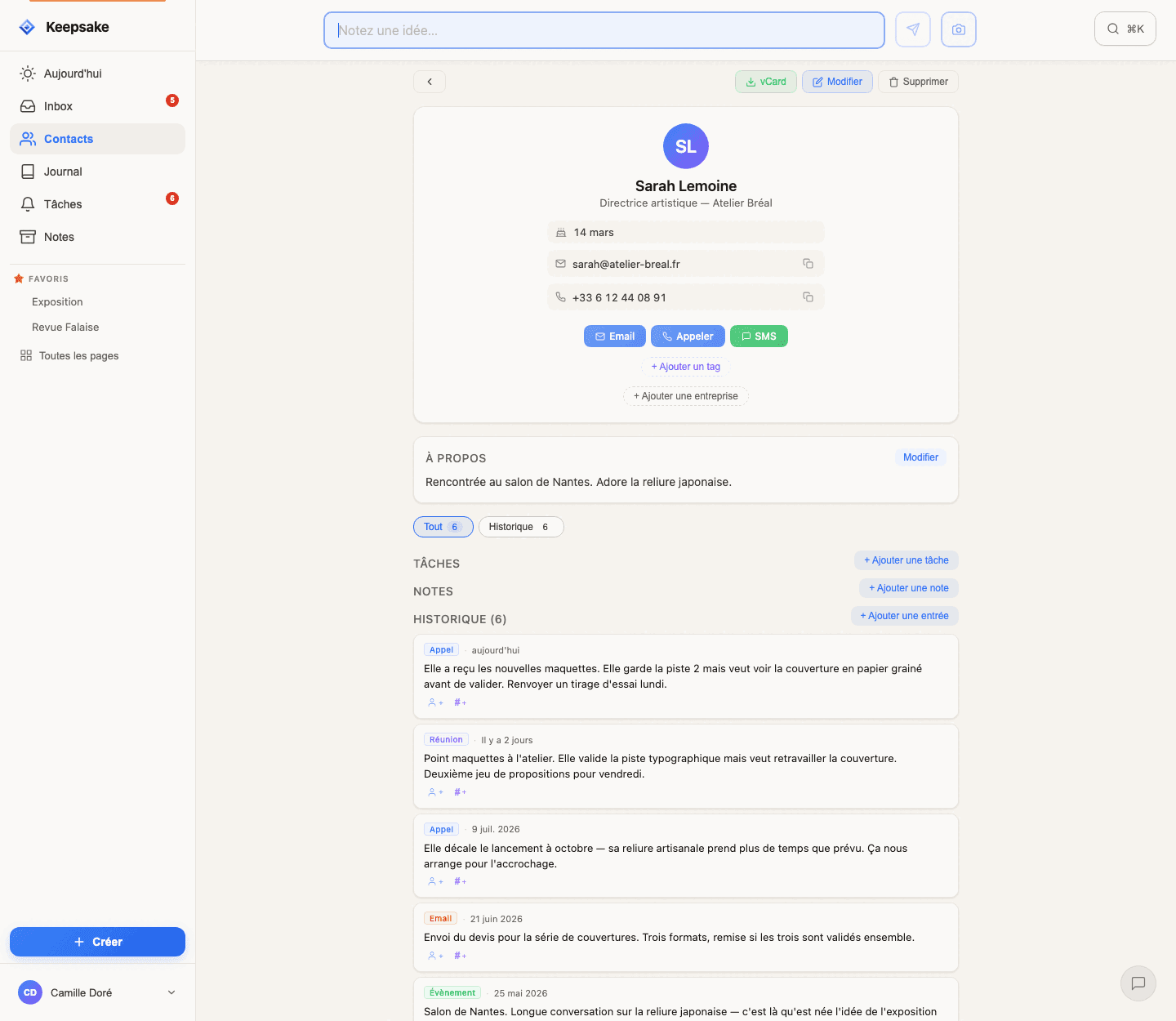 A Keepsake contact profile with its full interaction history
