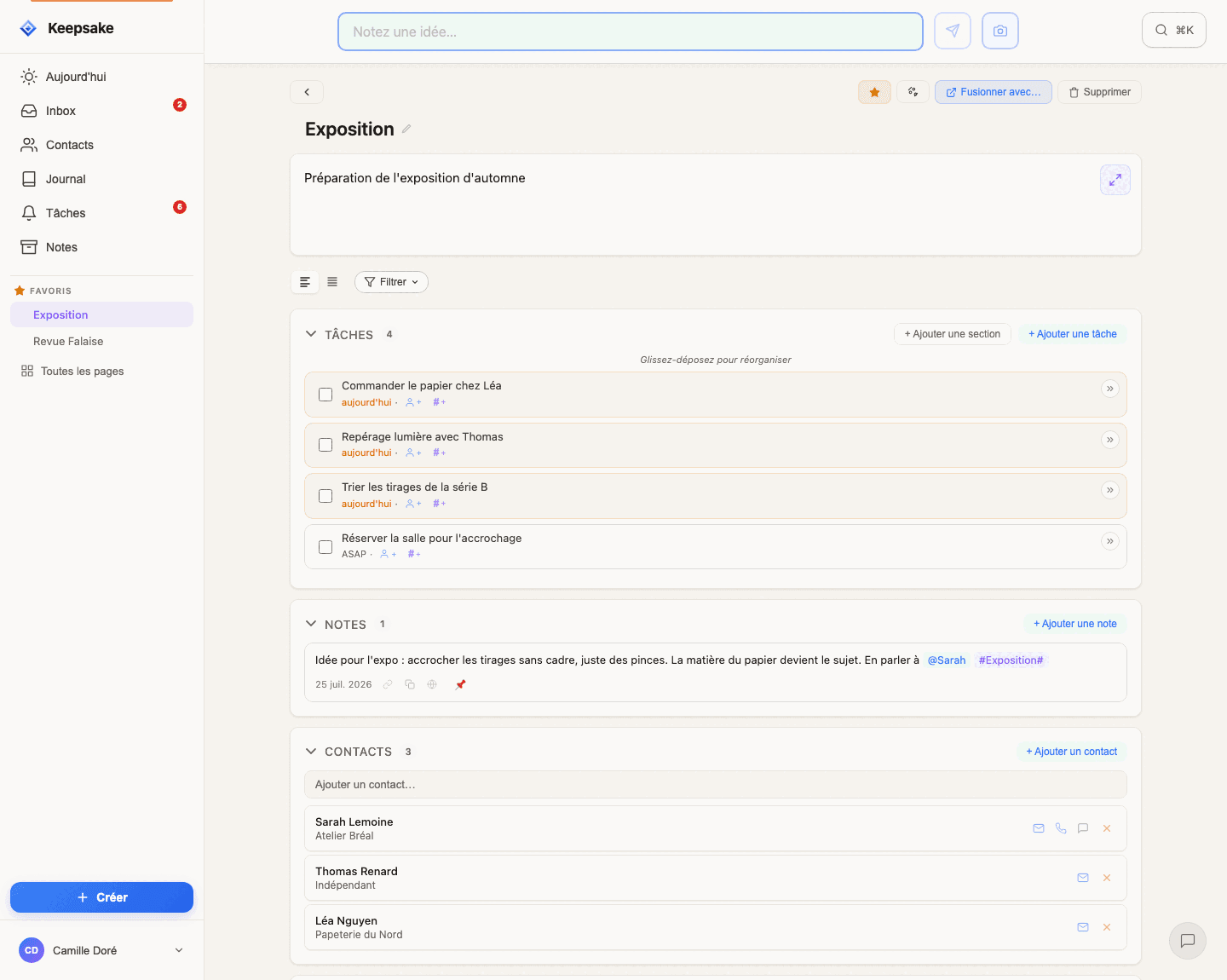 A Keepsake project page gathering linked tasks, notes and contacts