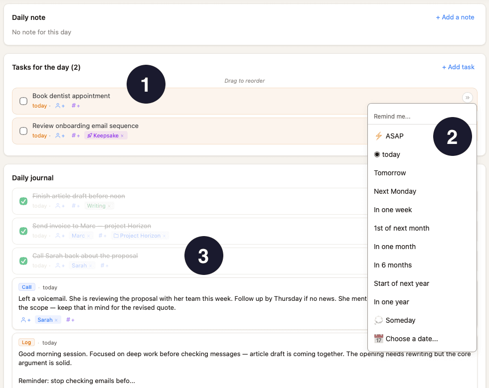 Vue Aujourd'hui avec tâches prioritaires dans Keepsake
