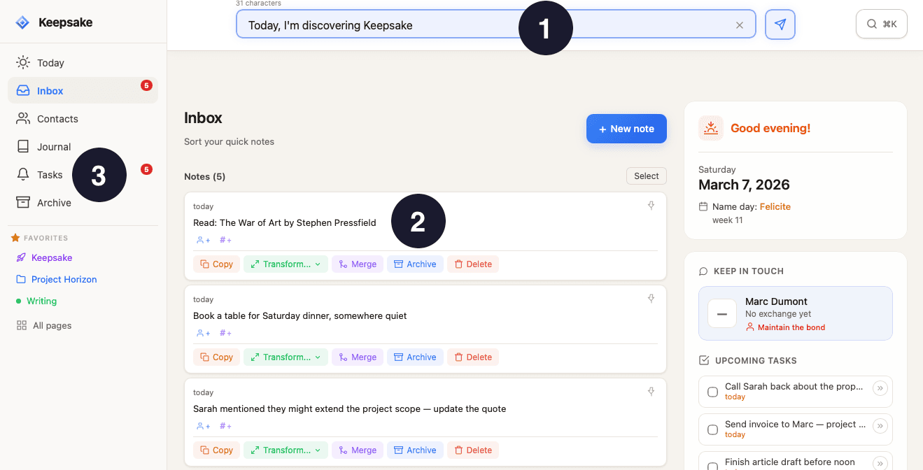 Capture QuickNotes et workflow Inbox dans Keepsake