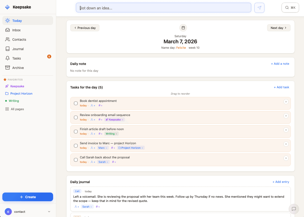 Keepsake — vue Aujourd'hui avec tâches, contacts et journal