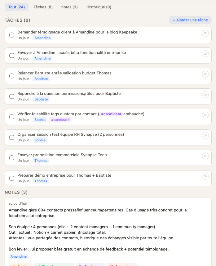 Tasks linked to a company in Keepsake