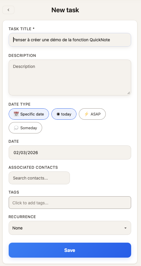 Task form pre-filled from a note