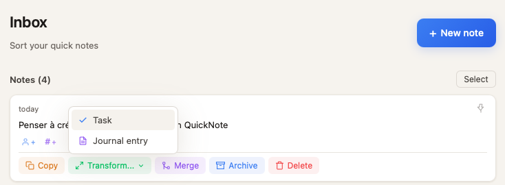 Transform button on a note