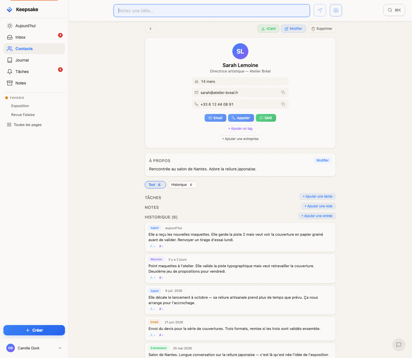A Keepsake contact profile with its full interaction history