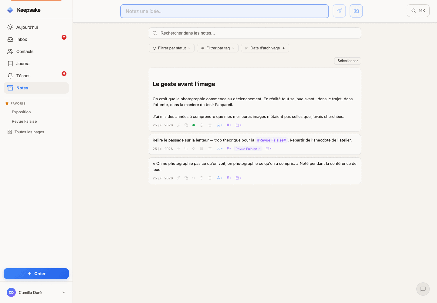 The Notes view with status, tag and archive-date filters